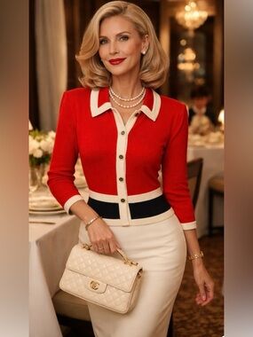 St John Collection color blocked red, navy, & cream sweater jacket (runs small)